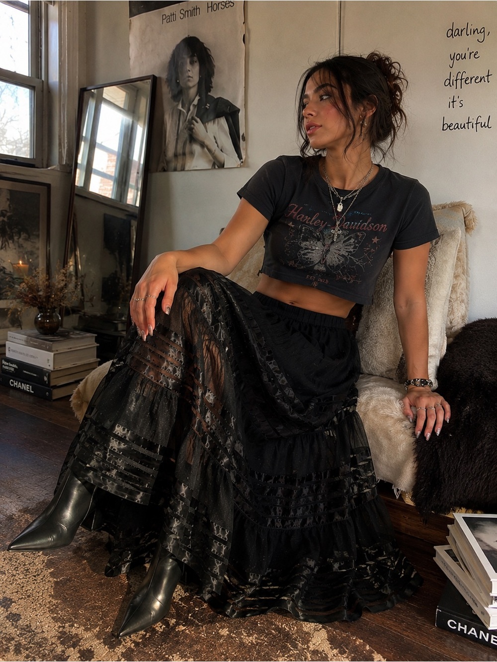 Dark Romance Sheer Tiered Maxi Skirt Black Gothic Lagenlook Art Girl Small